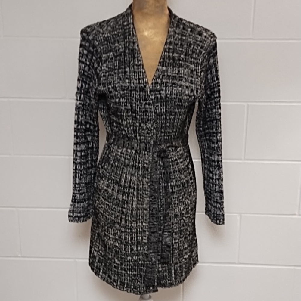 United Knitwear Medium 60% Cotton Black & White/Cream Chunky Belted Cardigan